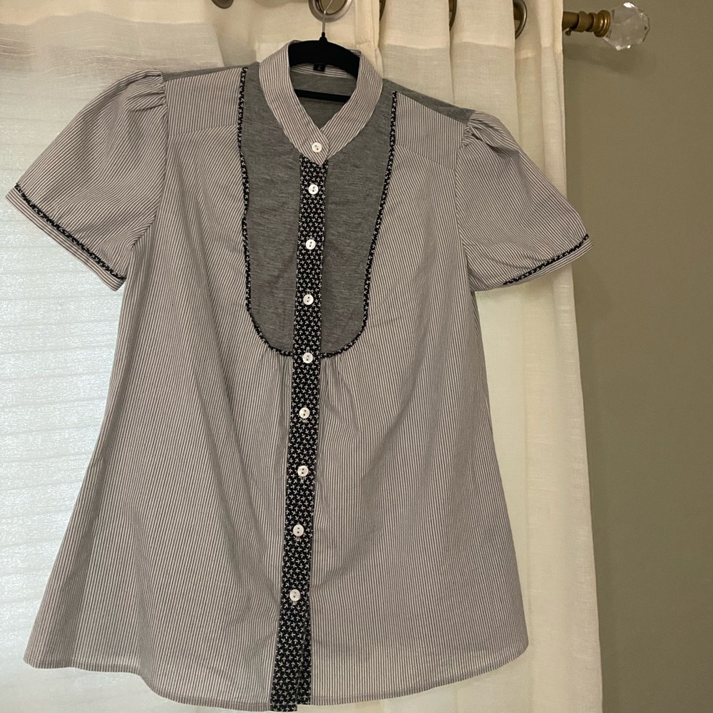 Striped Button-Up Blouse with Black Accents